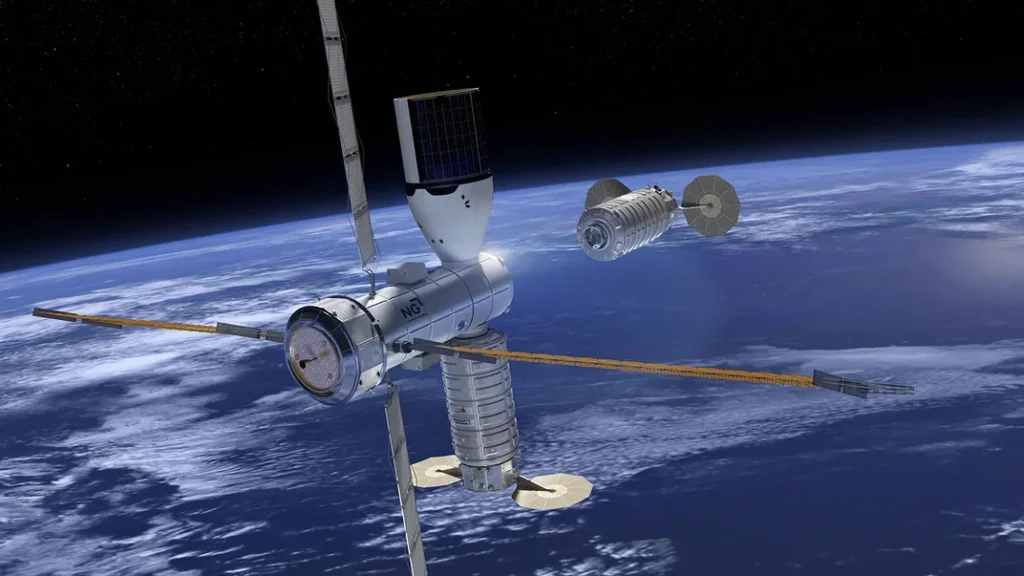 A concept of the first module (left) of Northrop Grumman’s station, with a white and black NASA Orion crew module attached (top) and two Cygnus spacecraft (bottom and right) Northrop Grumman