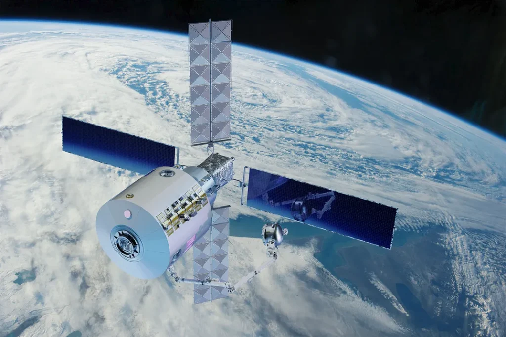 A rendering of the Starlab station orbiting Earth Voyager Space
