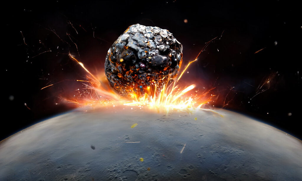 fall of large meteorite on planet. blast wave of big bang from collision of meteorite. meteorite explosion of sparks and fire. black galaxy background. 3d render. representative of our free online astronomy course Ancient Armageddon