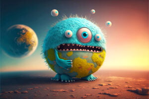 wandering lonely planet cute funny monster, generative ai