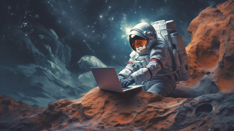 Astronomy Courses represented by an astronaut in space with a laptop.