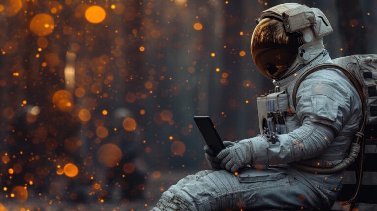 Astronomy courses represented by an astronaut holding a tablet