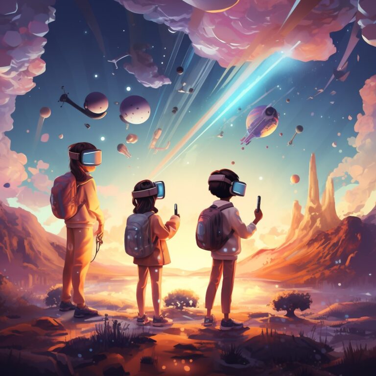 Astronomy resources represented by 3 children wearing AR glasses looking at space images
