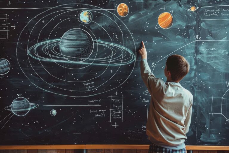 Astronomy workshops represented by a drawing of planets on a chalk board