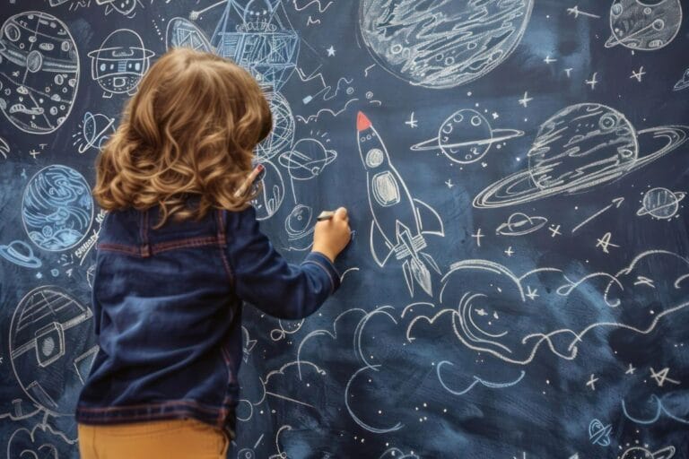 a child drawing a rocket with a pencil on it (medium)