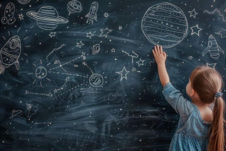 child reaching for stars on chalkboard with space drawings, imagination and learning concept