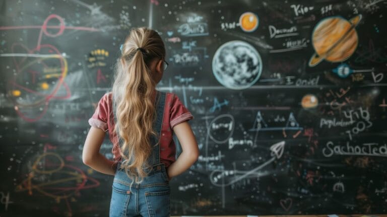 young girl engaged in scientific exploration at a classroom chalkboard showing space theories